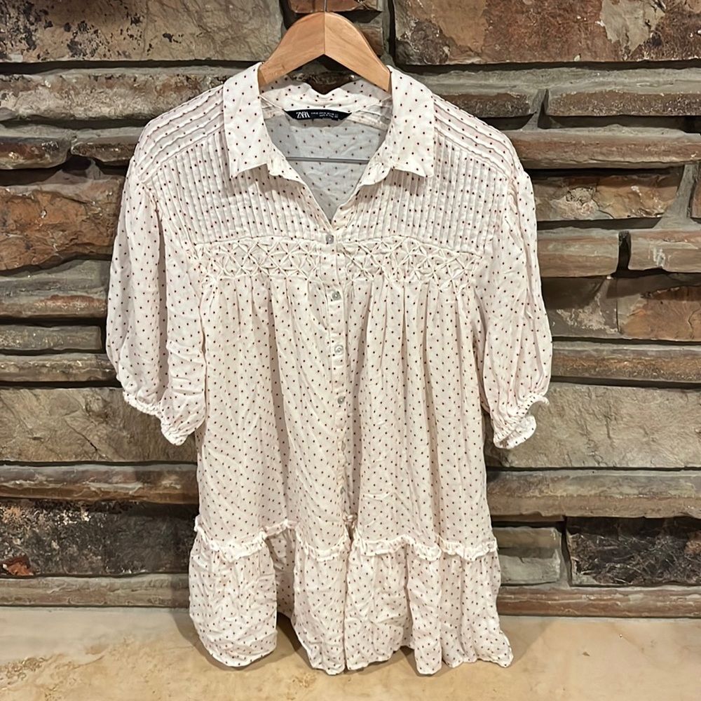 Zara Oversized Drop Waist Mini Shirt Dress Polka Dot Cream and Brown